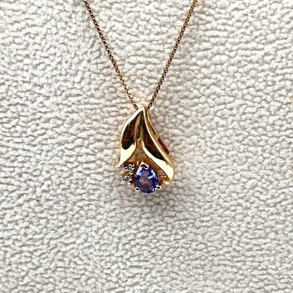 10K Gold Womens Necklace Purple Tanzanite Diamond Pendant Yellow Gold Gift Idea - Picture 6 of 8
